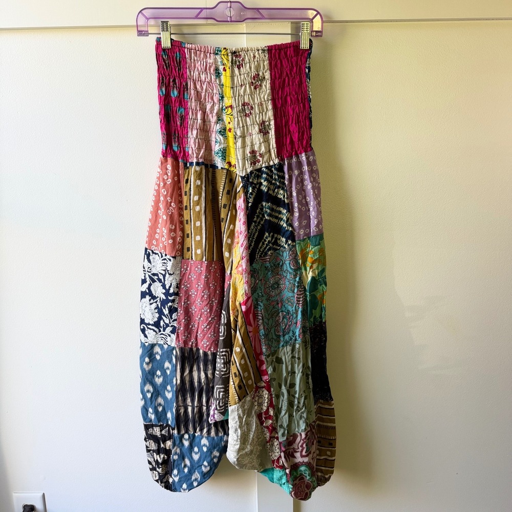 Tribe Azure Harem Pants Multicolor Patchwork Smocked Boho Cotton S/M